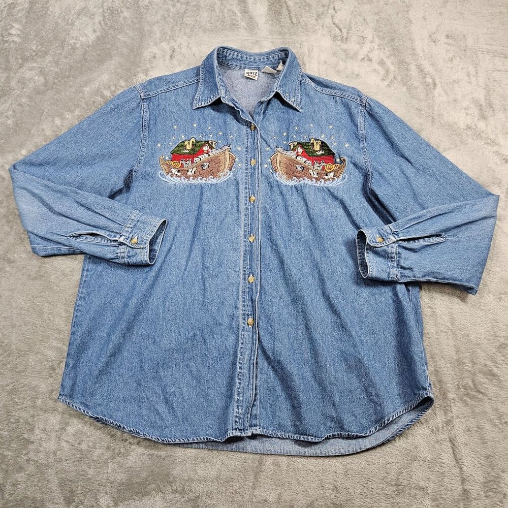 Vintage Quizz Top Womens L Blue Denim Noahs Ark Embroidered Button Up Bible